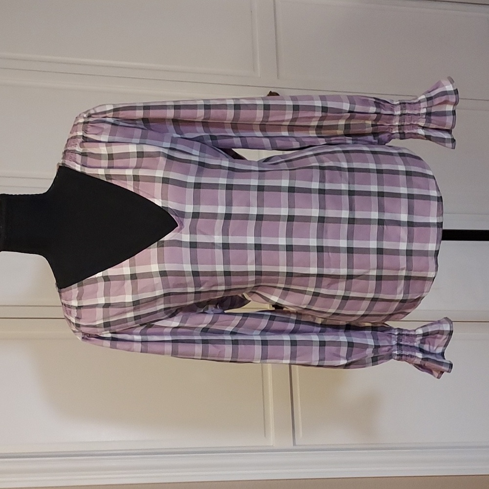 Banana Republic Peasant Blouse Lavender Boho Gray Plaid V Neck Size L